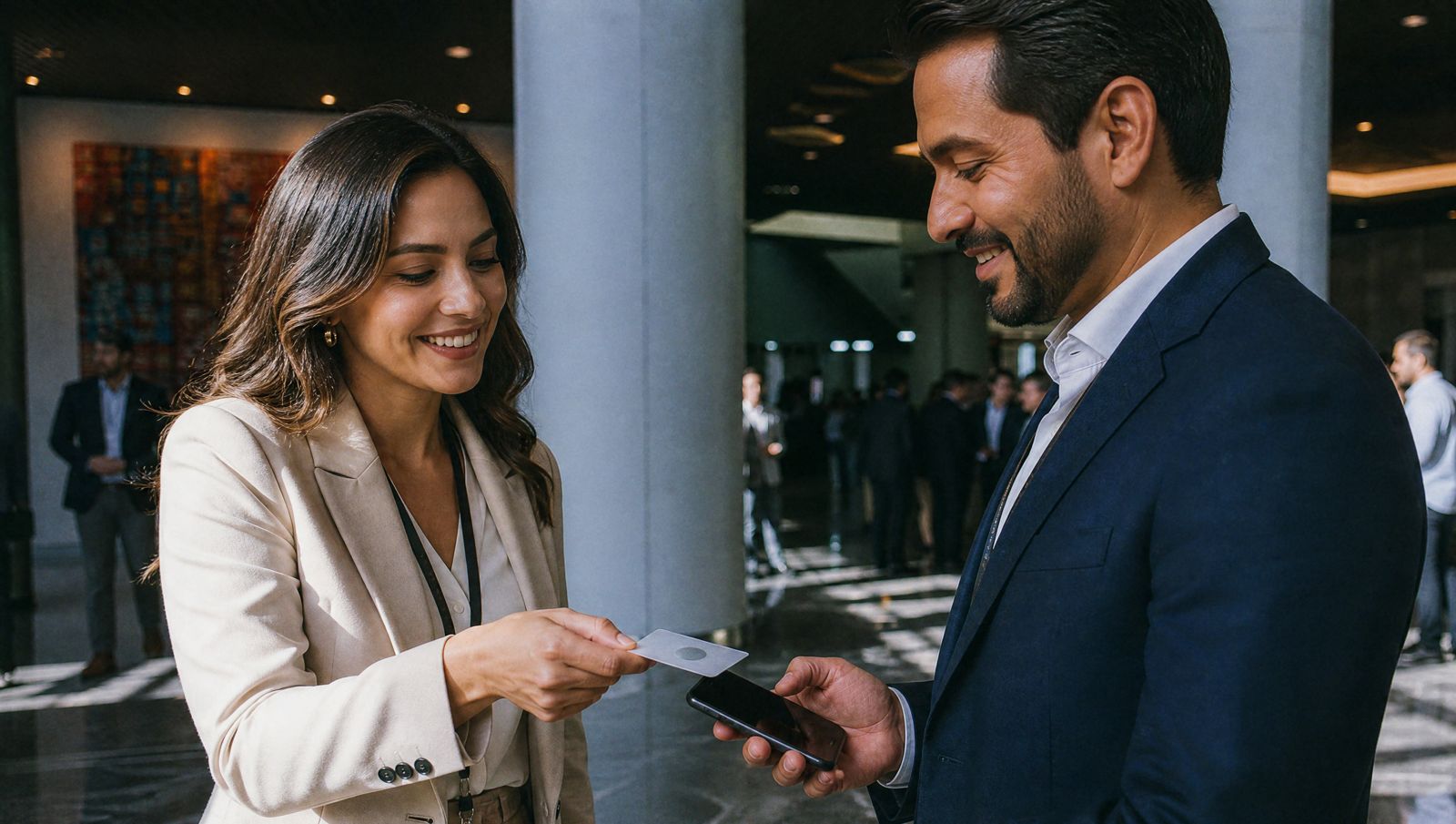 Una ejecutiva comparte su contacto acercando su tarjeta al celular de un colega en un evento de negocios