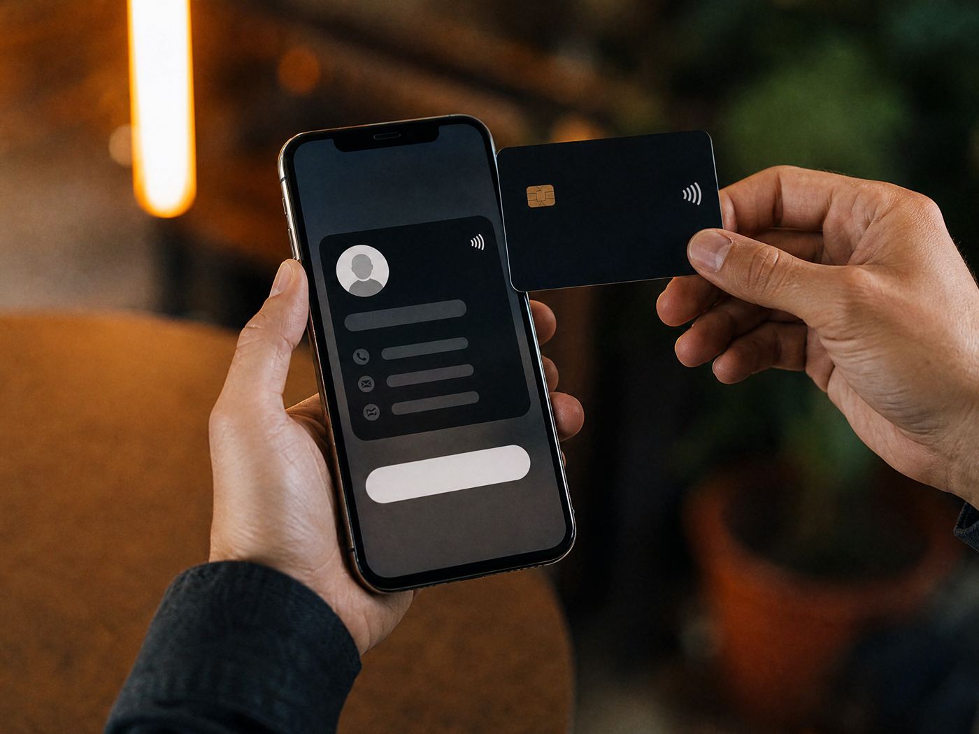 Tarjeta Business Card con chip NFC acercándose a un celular que muestra el contacto listo para guardar