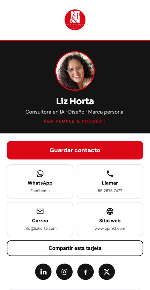 Tarjeta digital de Liz Horta, People&Product (P&P)